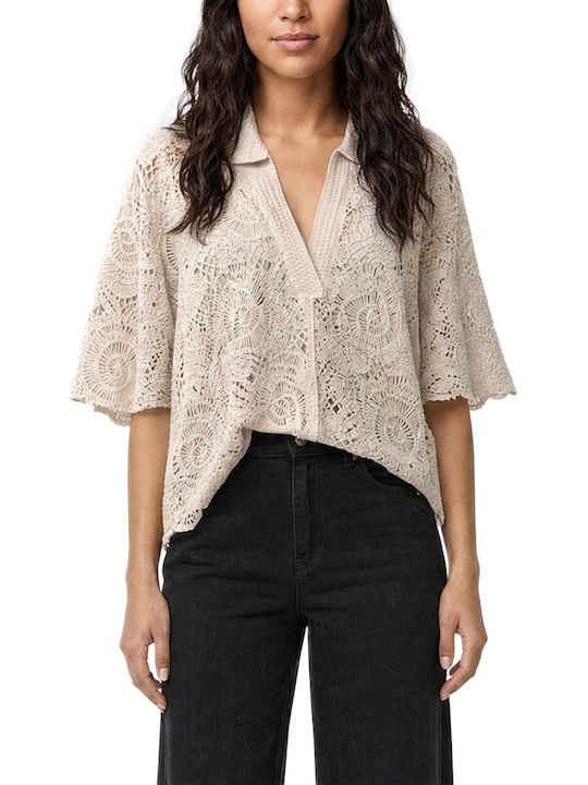 Women's Polo Blouse Short Sleeve Beige