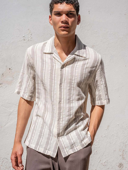 Short Sleeve Striped Beige Shirt