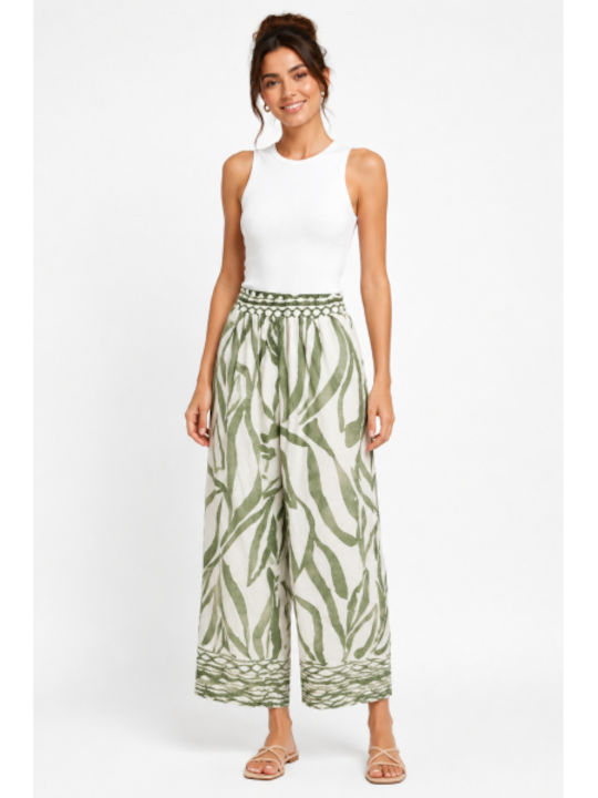 Дамски Лени Широки Панталони с Регулярна Кройка Зелени SS-FY9220-1-26TR-ПРАС