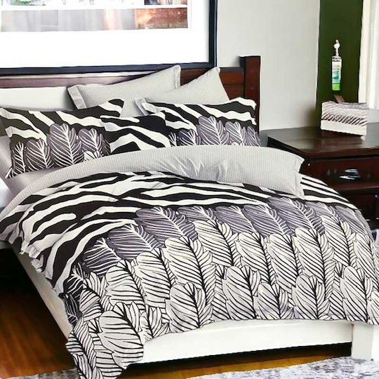 To megalo pazari Flannel Duvet Cover Set 220x240cm Double With 2 Pillowcases Grey-Black