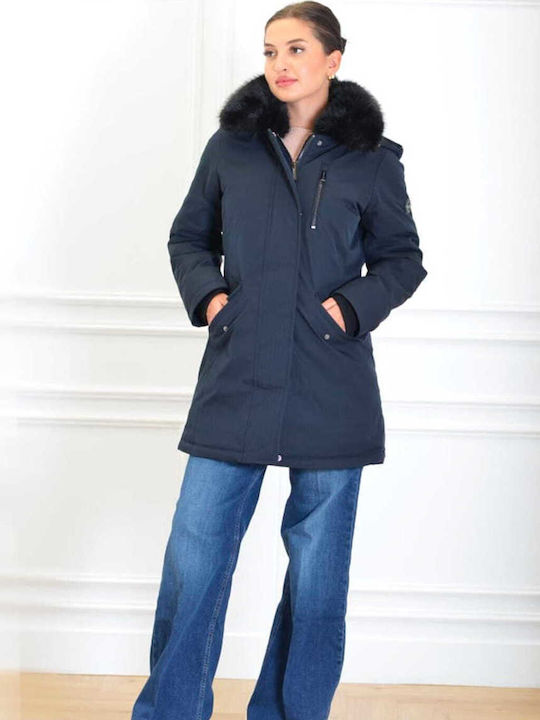 Long Women's Puffer Jacket with Furry Hood for Winter Blue