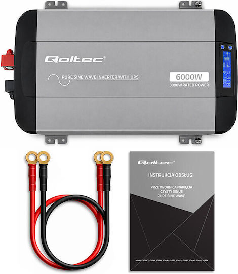 Qoltec Μετατροπέας Τάσης Pure Sine Wave 12v 230v 3000w 6000w Ups Bypass Lcd Usb Usb-c Συμβατός Lifepo4 Agm Gel