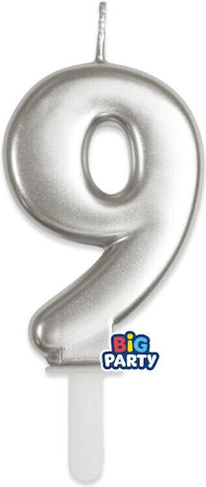 Κεράκι Γενεθλίων Αριθμός "9" σε Ασημί Χρώμα