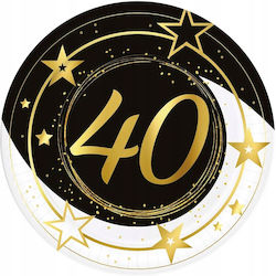 Paper Plates 40th Birthday Fortieth Gold Black Party 23cm 6pcs