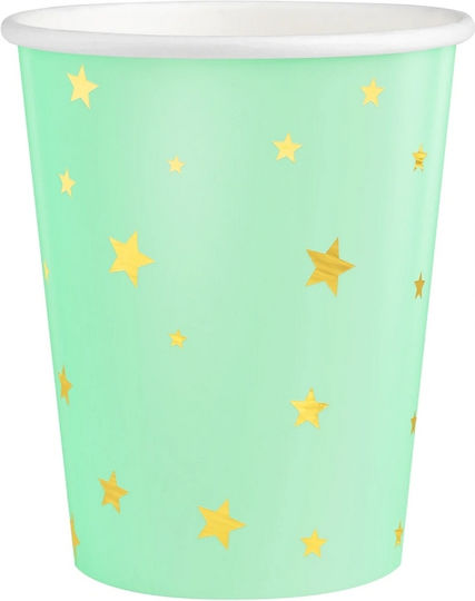 Green Paper Cups Gold Stars 220ml X6
