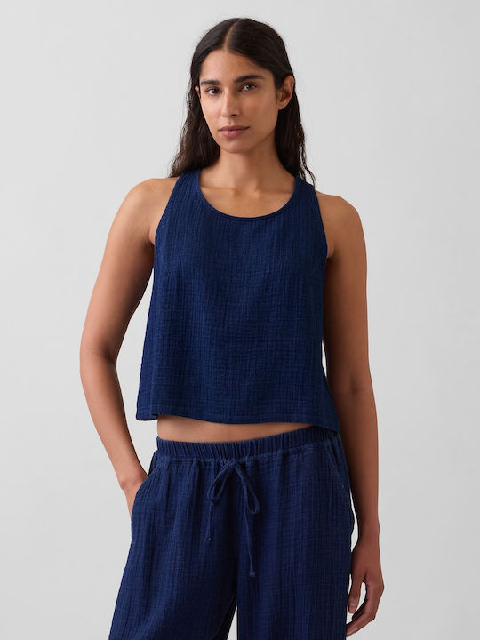 Γυναικείο Crop Top Βαμβακερό Αμάνικο Navy Blue Wash
