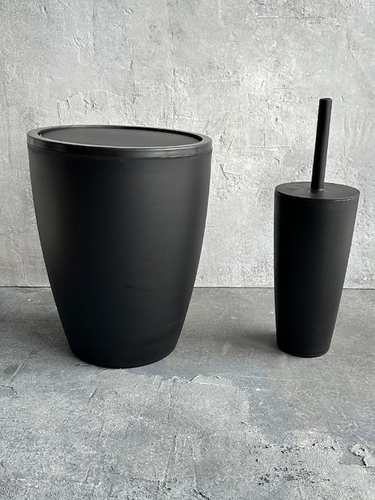 SteweHome Plastic Bathroom Brush and Trash Can Set Black