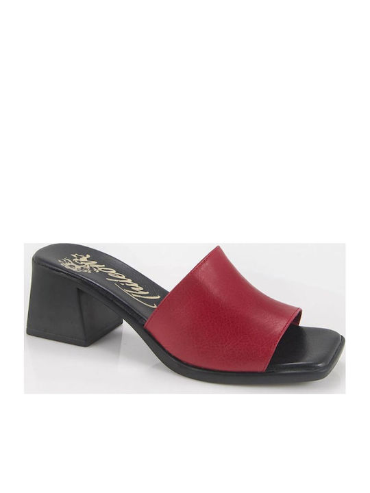 Leather Mules with Low Heel in Red Colour
