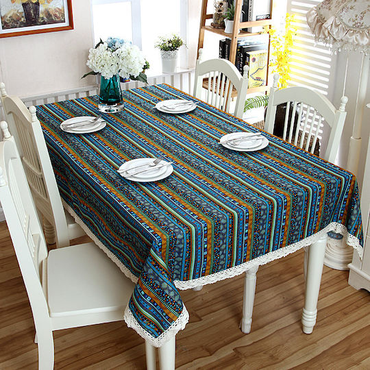 FRIPIA FRIPIA Leinen Tischtuch Mit Spitze Blau 140x200cm