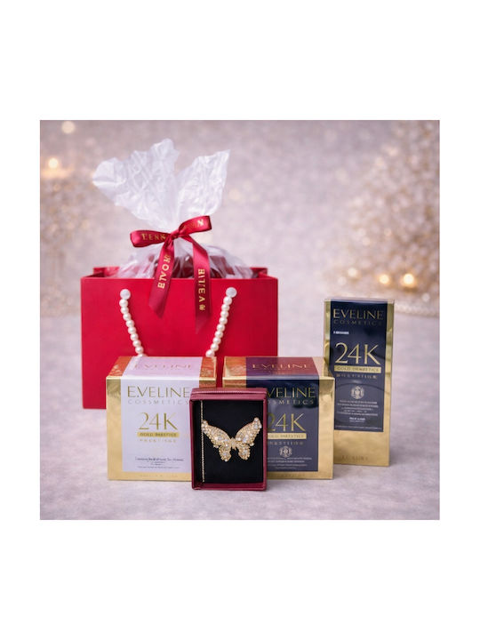 Set Cadou Tenderness Brosa Martisor Fluture Cremă De Zi Anti-îmbătrânire Cu Caviar De Melc 50 Ml Ser Facial Cu Caviar De Melc Eveline Prestige În Husă Elegantă Stil Geantă Roșu Aurie