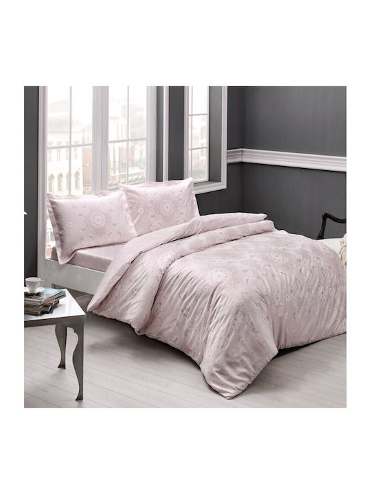 Tac Set Huse Pentru Pilote (2 Buc) Bumbac Satinat 160x220cm Simplu Cu Față De Pernă & 1 Cearceaf Roz Pudrat