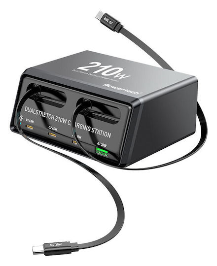 Powertech Βάση Φόρτισης GaN με Θύρα USB-A και 3 Θύρες USB-C και Καλώδιο USB-C 210W Power Delivery / Quick Charge 4+ σε Μαύρο χρώμα (PT-1623)