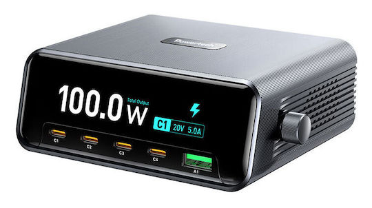 Powertech Βάση Φόρτισης GaN με Θύρα USB-A και 4 Θύρες USB-C 100W Power Delivery / Quick Charge 4.0 σε Γκρι χρώμα (PT-1622)