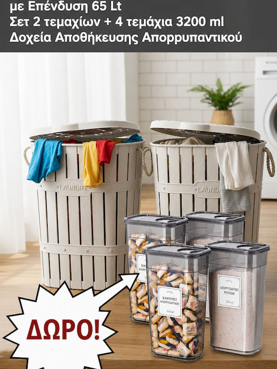 SteweHome Σετ Καλάθια Απλύτων Bamboo 65lt με Καπάκι Λευκό