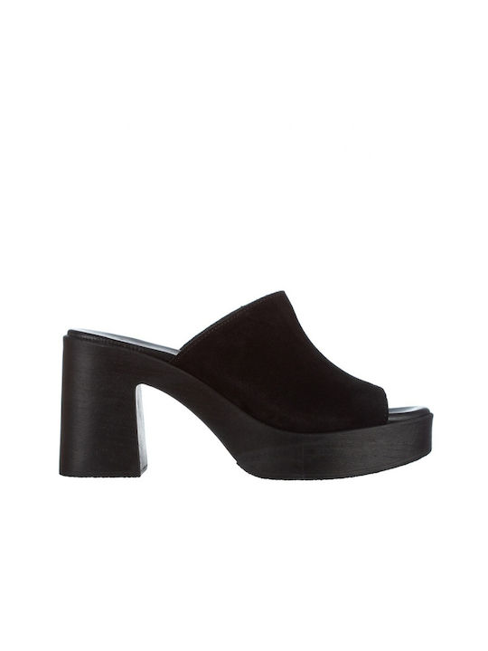 Suede Mules με Ψηλό Τακούνι σε Μαύρο Χρώμα