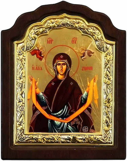 Virgin Mary Holy Belt Silver Icon Wood Locally Gilded 16x11 Cm