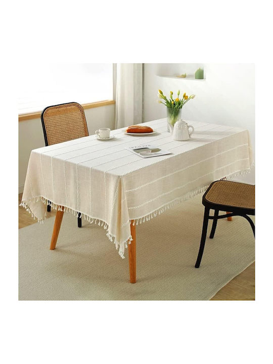 FRIPIA Leinen Tischtuch mit Stickerei Weiß 140x250cm