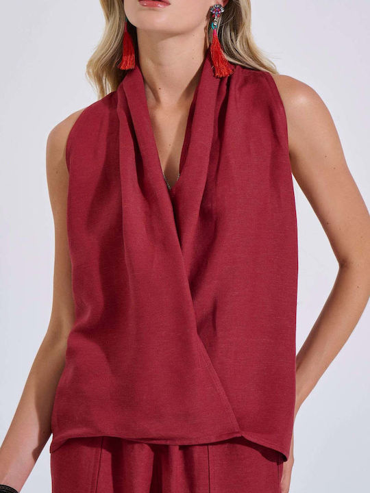 Women's Summer Linen Sleeveless Blouse Burgundy