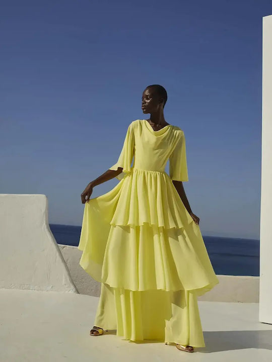Stefanoudakis Summer Maxi Dress for Wedding Christening Drape Yellow