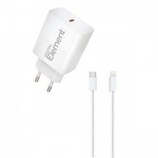 Element Зарядно Устройство GaN с USB-C Порт и USB-C - Lightning Кабел 30W Power Delivery Бял (CH-250PD)