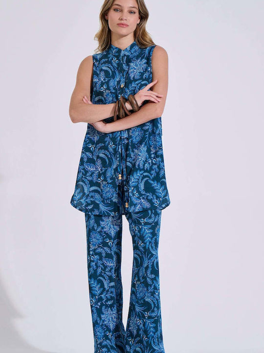 Women's Pantaloons with Rubber Band in Loose Fit Floral Blue