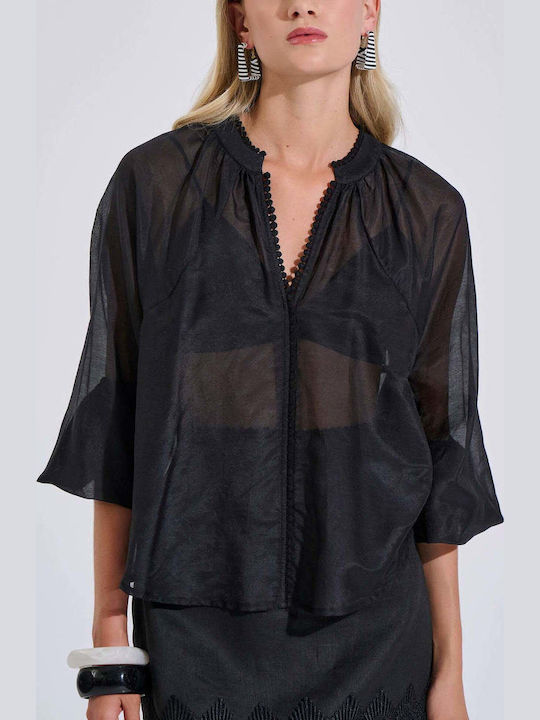 Women's Cotton Blouse with V-Neck Black