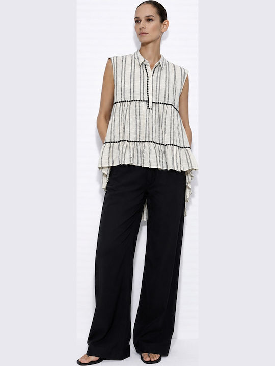 Women's Cotton Blouse with V-Neckline Striped Sand Stripes
