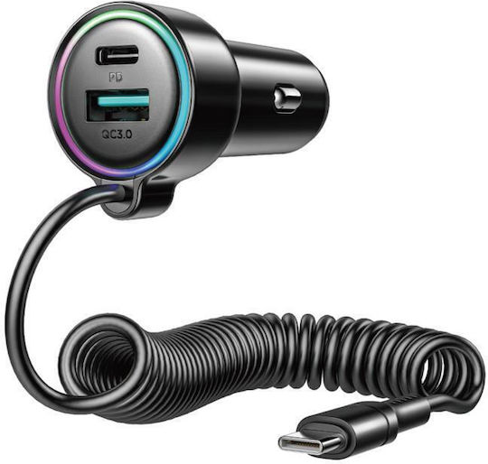 Joyroom JR-CL07 Φορτιστής Αυτοκινήτου 90W 3A με Θύρες: 1xUSB 1xType-C μαζί με Καλώδιο Type-C Μαύρο Χρώμα