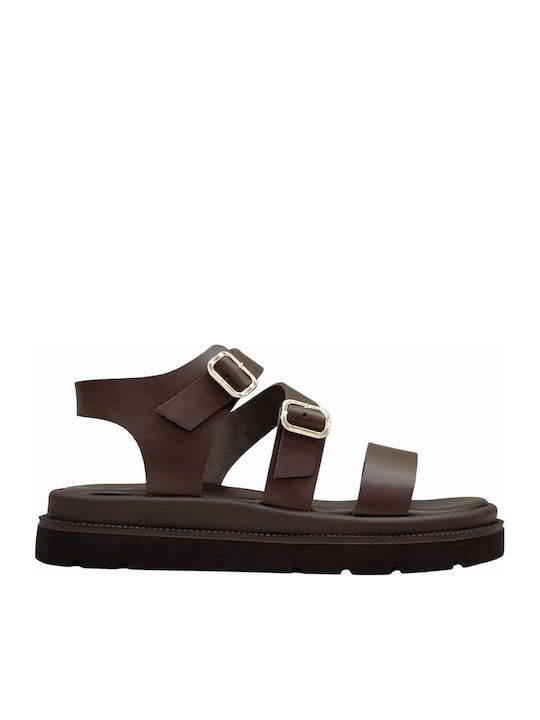 Δερμάτινα Γυναικεία Σανδάλια Flatforms Καφέ