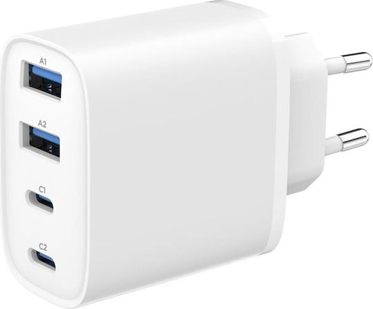 Gembird GaN Wall Charger Without Cable with 2 USB-A Ports and 2 USB-C Ports 40W Power Delivery / Quick Charge 3.0 White (TA-UC-2A2C-PD40-01-W)