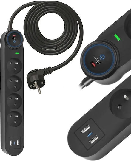 Art Захранваща Лента 4 Порта с 2 USB-A, USB-C и Кабел 3м