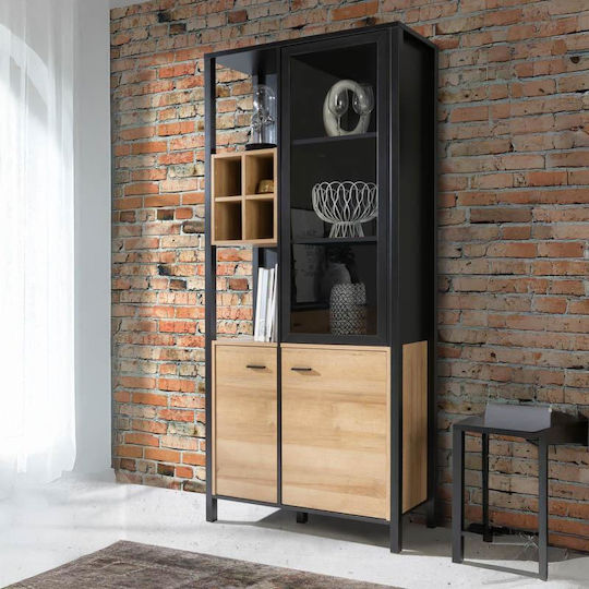 Terrano Riviera Oak Wall-Mounted Living Room Display Cabinet Made of Riviera Oak Metal with Glass 87x40x194cm