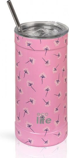 Ecolife Thermos Bottle Stainless Steel / Aluminum / Plastic BPA Free 500ml Pink Dandelion with Straw