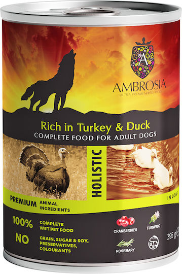 Ambrosia Wet Dog Food in Cans with Turkey, Duck and Salmon 395gr