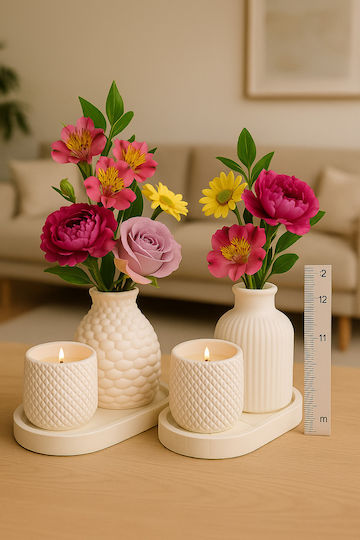 SteweHome Set Tischdekoration Keramik Vase Kerze Steinpulver Weiß 10x11 cm