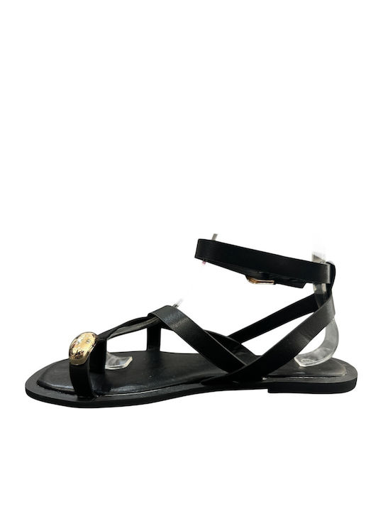 Plato Damen Anatomische Flache Sandalen Schwarz