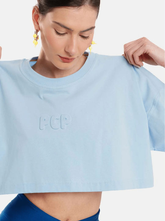 Women's Crop Top Cotton Short Sleeve Striped Light Blue