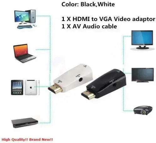 Hdmi Male To Vga Female Converter Box Adapter Audio Cable Pc Hdtv Bk