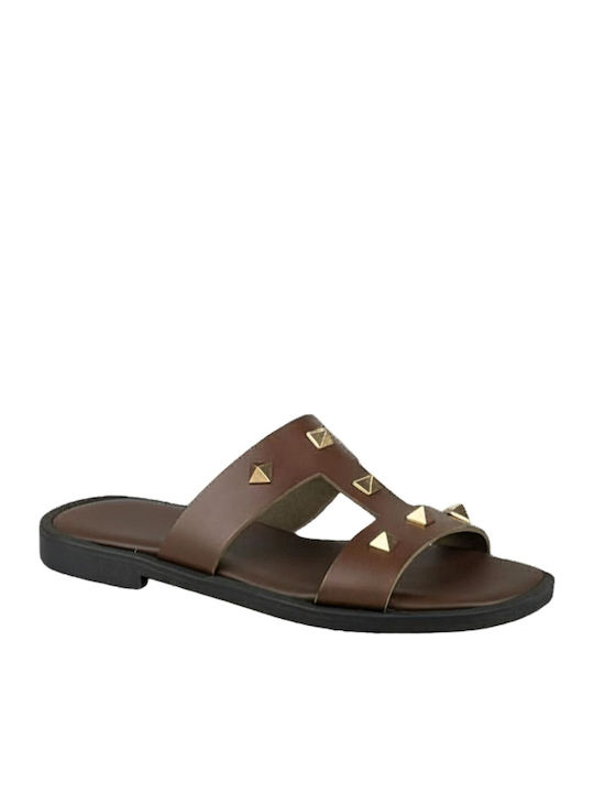 Yfantidis Leder Flache Damen Sandalen Braun