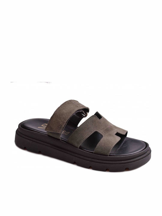 Leather Women's Flat Sandals Khaki