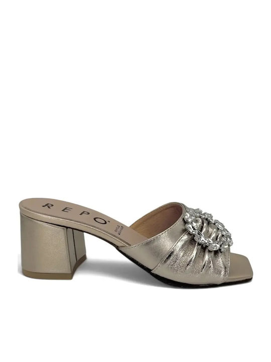 Pantofi Mules De Piele Cu Toc În Culoare Argintie