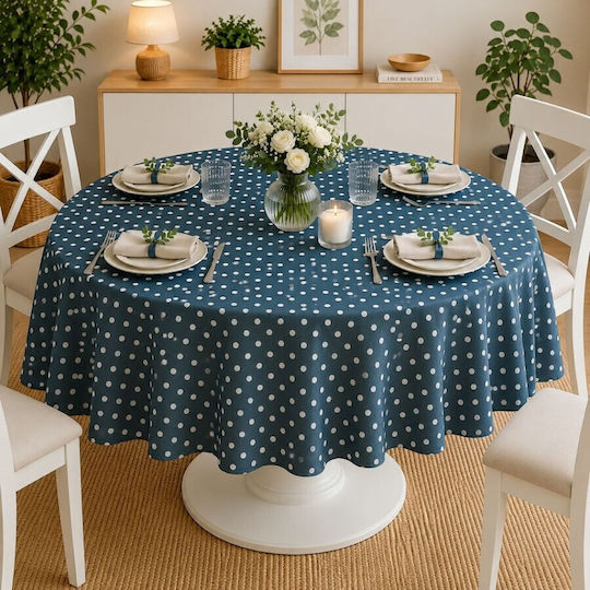 Pucioasa Τραπεζομάντηλο Ροτόντα Βαμβακερό Blue With White Polka Dots Φ160εκ.