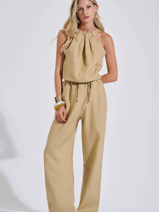 Women's Linen Pantaloons with Elastic in Loose Fit Beige