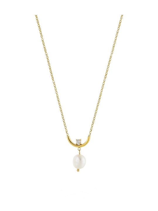 Loisir Necklace from Gold Plated Steel with Pearls & Zircon