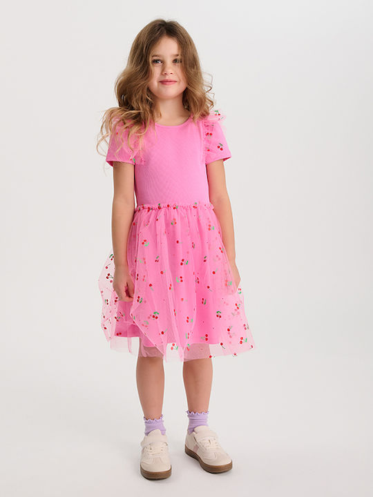 Girls Short Sleeve Tulle Pink Dress