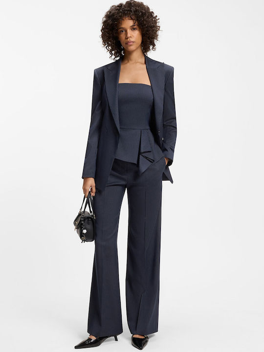Hugo Women's High Rise Fabric Trousers Regular Fit Striped Navy Blue