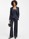 Women's High Rise Fabric Trousers in Regular Fit Striped Navy Blue