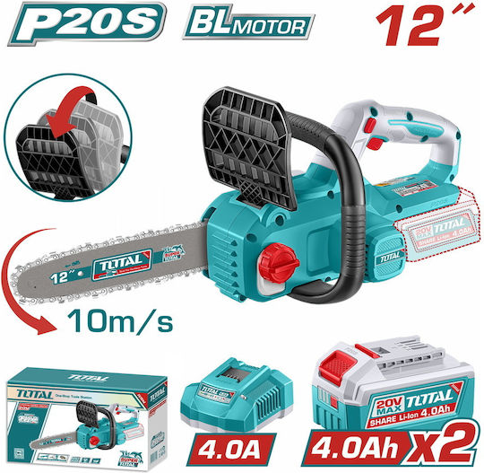 Total Αλυσοπρίονο Μπαταρίας 2x4Ah Brushless 20V 4.6kg με Λάμα 30.48cm