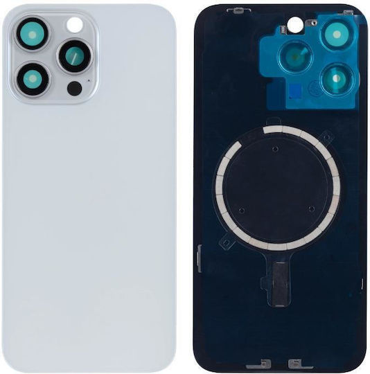 Apple Iphone 15 Pro Max Back Glass Large Hole + Lens + Magsafe White Titanium Oem Logo
