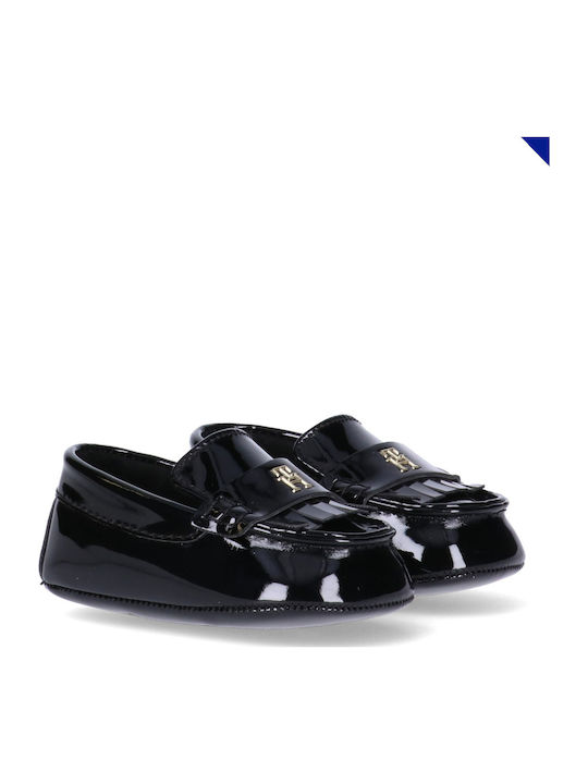 Tommy Hilfiger Pantofi de botez din piele Mocasini Papuci de botez cu talpă moale Negri